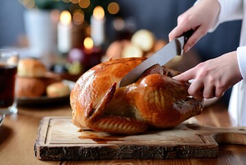 A person carving a golden brown roasted turkey on a wooden cutting