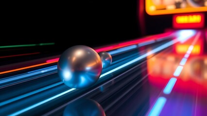 pinball. A silver pinball rolling on a glowing track and impacting a shiny bumper. event key visuals, club posters, designed for sports event promotions and stadium branding.