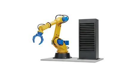 3D Robotic arm with gripper near a server rack on transparent background