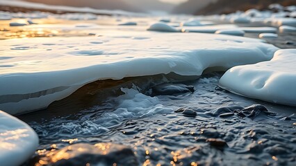 verglas. Landscape of a melting river breaking through ice in morning light. travel magazines, destination branding, designed for outdoor magazines and nature guides, drives exploration.