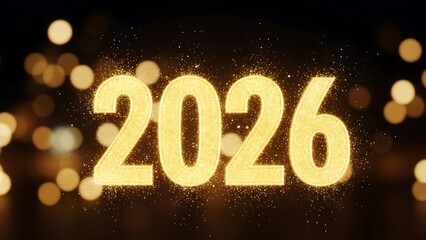 A glittering and luminous depiction of the year 2026 rendered in a sparkling gold texture against a blurred dark background is shown