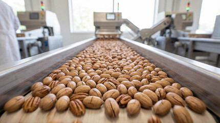 Industrial pecan nut processing line with conveyor belt transporting unshelled nuts through automated sorting and quality control equipment
