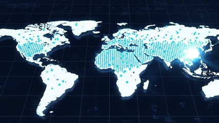 Digital globe world map with blue grid overlay, white illuminated map and glowing data points showing global network connectivity and digital technology optimism across Africa and Europe - Powered by Adobe