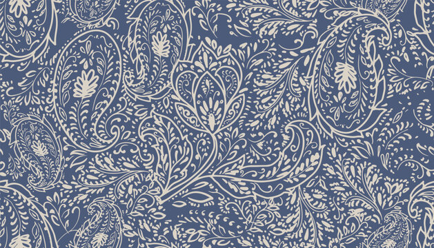 Seamless ornate paisley pattern with hand drawn floral ornament in vintage style, perfect for fabric, textile prints, wallpaper, gift wrap, and surface design projects.