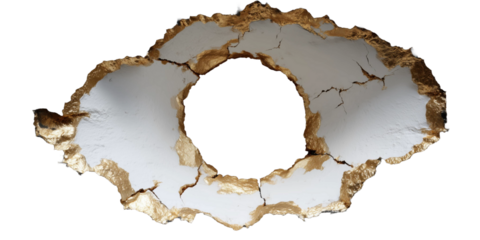 Bullet hole in wall: A close-up shot of a wall with a bullet hole piercing through, revealing the raw texture and structural damage