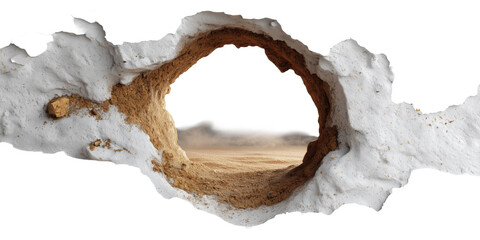 Hole in Rock Formation: A dramatic close-up reveals a rough-hewn hole carved into a weathered rock formation, hinting at hidden depths and natural processes.