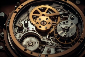 Watch movement revealing intricate metal gears and internal engineering