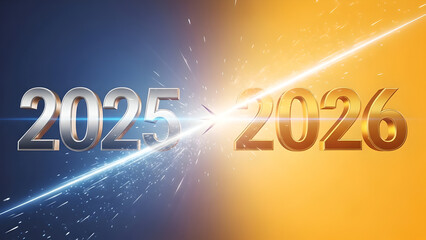 Futuristic New Year 2026 Transition with Silver 3D Numbers and Golden Light Streak Background