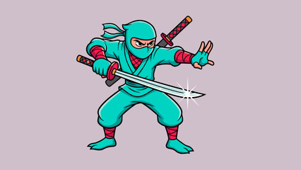 Cartoon ninja with swords in a fighting stance on a light purple background.