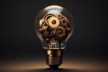 Light bulb filled with intricate brass gears symbolizing creative ideas and technological advancement