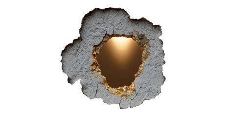 Hole in the Wall: A close-up shot captures the texture of a distressed wall revealing a hole, allowing a glimpse of an unknown light, symbolizing an idea of curiosity and exploration.