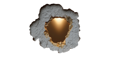 Hole in the Wall: A close-up shot captures the texture of a distressed wall revealing a hole, allowing a glimpse of an unknown light, symbolizing an idea of curiosity and exploration.