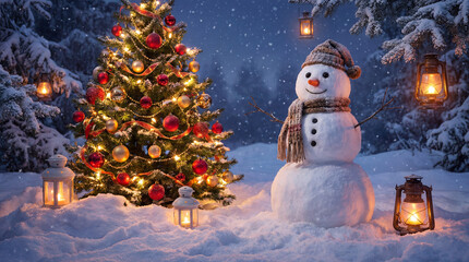 Glowing christmas tree and cheerful snowman with lanterns in snowy winter garden during magical evening snowfall and festive holiday season