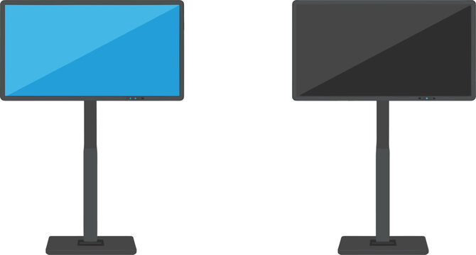 Set of two modern flat screen television monitors on floor stands for multimedia presentations and office digital signage