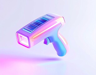 Futuristic 3D rendering of a barcode scanner in pastel neon hues