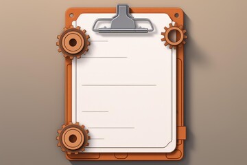 Clipboard with blank paper and decorative gears, symbolizing systematic planning and project management