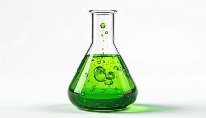Clear glass flask with green liquid and bubbles, isolated on white