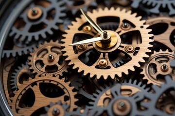 Wooden and metallic gears interlocking in a complex clock mechanism, representing time, engineering, and teamwork