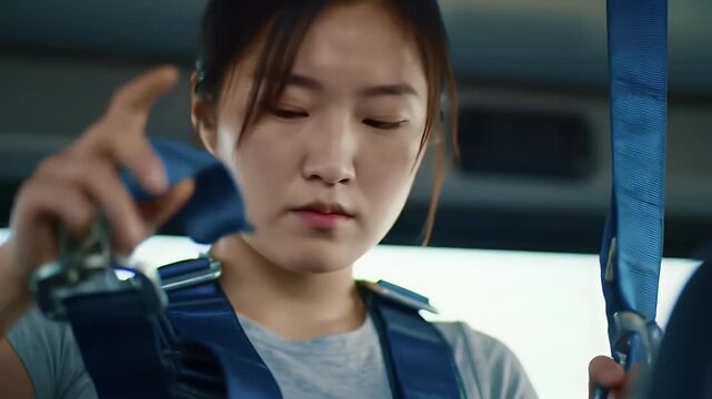 Young asian woman fastening seatbelt in transport vehicle for safety measures during trip