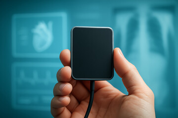 Healthcare worker holding a digital imaging sensor in front of medical screens showing heart and lung scans