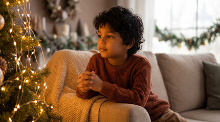 thoughtful child in cozy living room gazing at warmly lit christmas tree with festive decorations and soft holiday lights