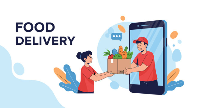 Modern food delivery concept with a woman receiving a box of fresh groceries from a delivery man emerging from a large smartphone screen.