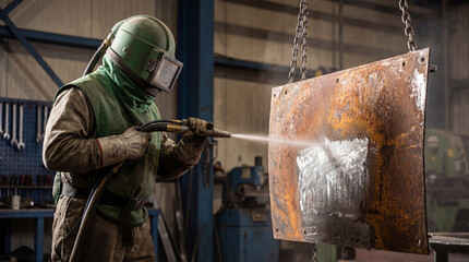 industrial worker in protective suit using abrasive blasting equipment to clean rusted metal surface inside heavy manufacturing workshop