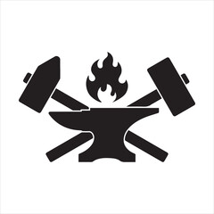 Blacksmith shop graphic label. Forge symbol with forging tools including hammers, anvil and fire. Vector illustration