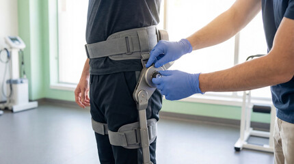 Physical therapist adjusting hip exoskeleton brace on patient during rehabilitation session in bright modern medical clinic