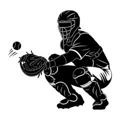 Baseball Catcher Silhouette Illustration &ndash; Black and White Line Art Sports Player Catching Ball in Action Isolated