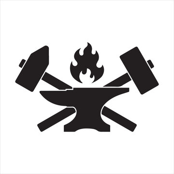 Blacksmith shop graphic label. Forge symbol with forging tools including hammers, anvil and fire. Vector illustration