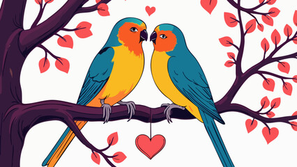 Vector Art of Lovebirds on a Heart-Adorned Branch