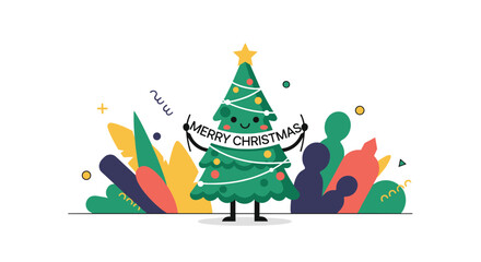 Cute smiling Christmas tree character holding a festive banner to celebrate the holiday season in a playful style.