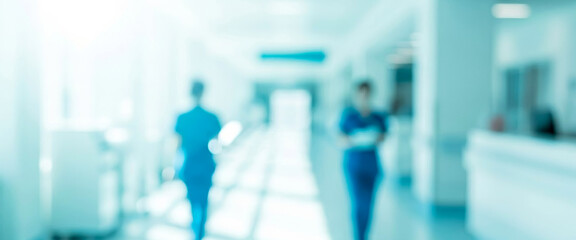 Blurry hospital corridor with two figures in blue scrubs walking through a quiet medical hallway, creating a calm clinical atmosphere with soft lighting and depth.