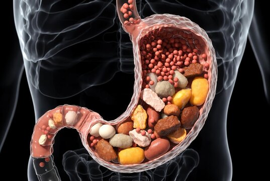 Cross-section of human stomach filled with undigested food