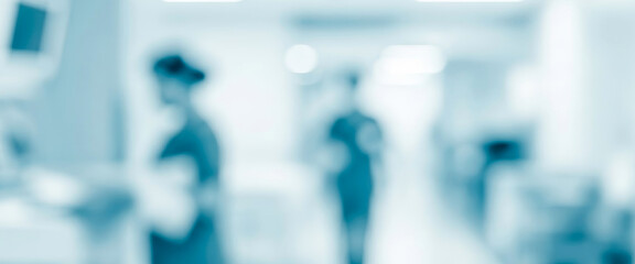 Blurry medical interior with indistinct figures and bright lights, capturing a dynamic hospital environment with active staff movement, sterile space, and modern clinical mood.
