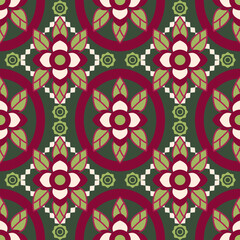 Damask seamless illustrated pattern made of abstract elements in beige, green, and red. Oriental vintage flower wallpaper. Can be used for textiles, tiles, rugs, carpets, and home decor.