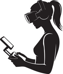 A crisp black silhouette of a female drone pilot from a sharp side profile. Wearing a bulky FPV headset and holding a controller with a mounted tablet. Vector illustration © Md Mujahid Fakir