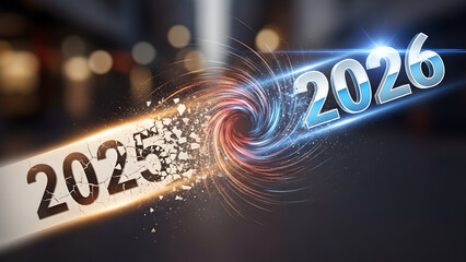 New Year 2026 Transition Concept with Glowing Energy Vortex and Shattering 2025 Text Effect