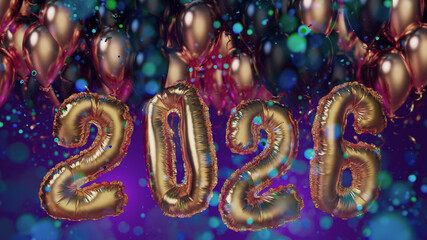 Golden 2026 Balloons Celebration With Confetti, Colorful Background, Festive New Year Atmosphere