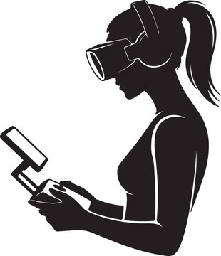 A crisp black silhouette of a female drone pilot from a sharp side profile. Wearing a bulky FPV headset and holding a controller with a mounted tablet. Vector illustration