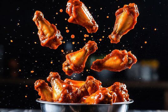 Delicious chicken wings coated in vibrant red sauce mid-air above a&hellip;