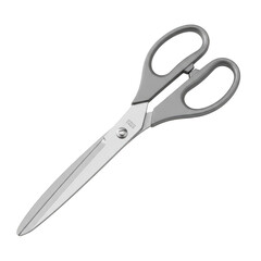 Fototapeta premium Sharp Stainless Steel Utility Scissors with Grey Ergonomic Handles, a Professional Cutting Tool for Office, Crafts, Household, and General Use, Isolated on a transparent background.