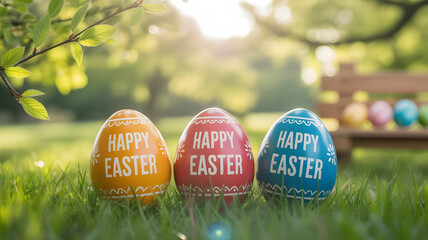 Easter eggs in the garden with happy easter messages