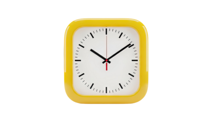 3D Yellow square alarm clock with black hands transparent background