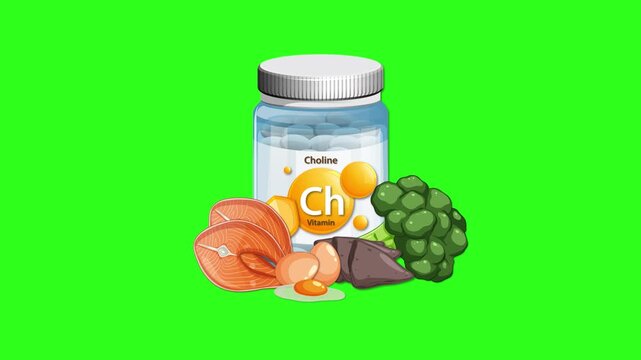 Choline Supplement Bottle with Healthy Foods Animation on Green Background