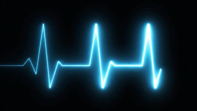Neon blue electrocardiogram heartbeat pulse waveform monitor medical cardiology rhythm glow on dark background glowing pulse peak flatline segment conveying energetic monitoring