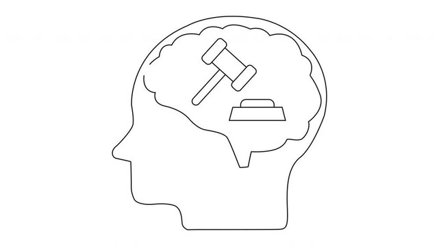 A profile outline of a head with a brain inside containing a gavel