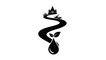 Hindu temple and sacred river silhouette icon. Winding water stream with boats ending in a droplet with leaves. Environmental and spiritual vector illustration