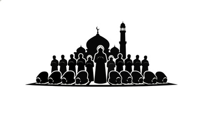 A silhouette of a Muslim community praying at a mosque. Islamic congregational prayer vector illustration. Flat design graphic for Ramadan and religious concepts
